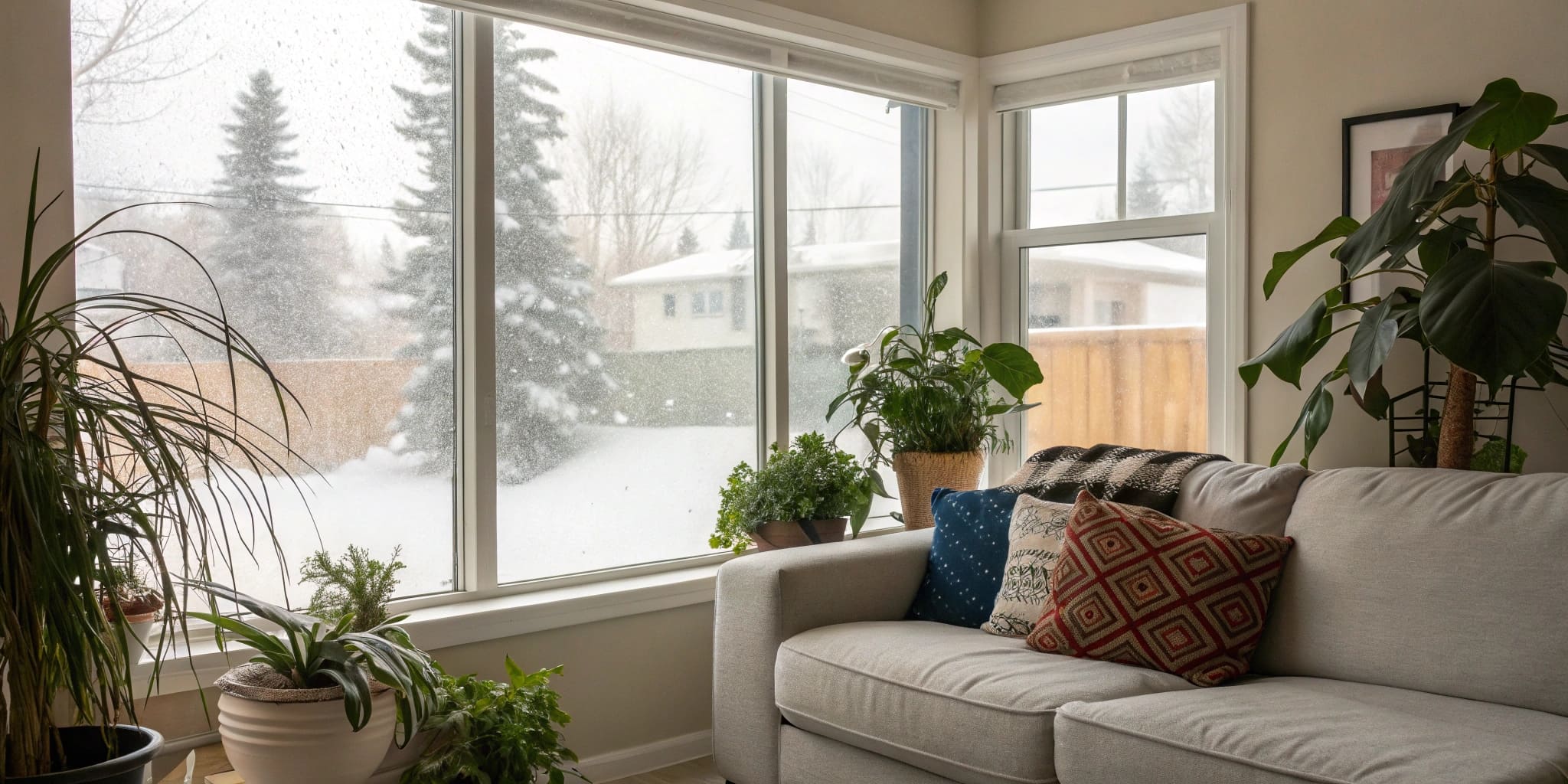 Cozy living room, freshly wiped clear window catching soft midday light