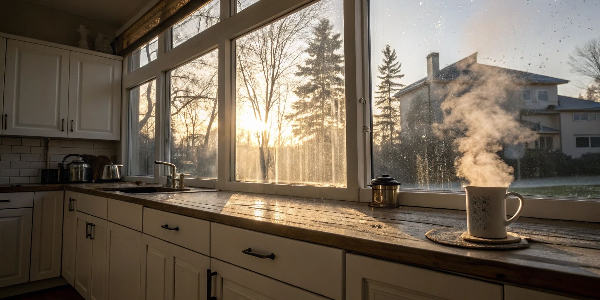 Early‑morning kitchen interior, natural golden light filtering through lightly fogged window panes