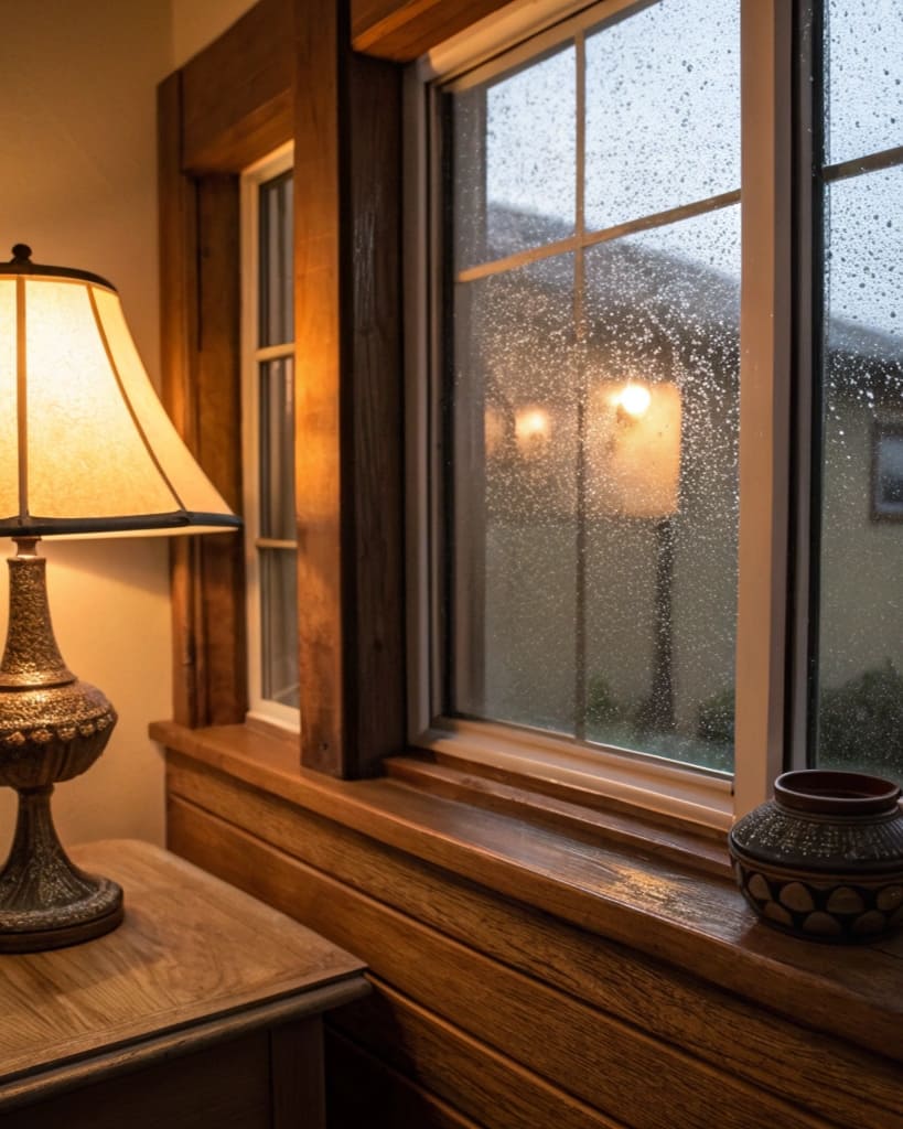 Warm evening interior: table lamp casting gentle amber glow on single‑pane window completely fogged