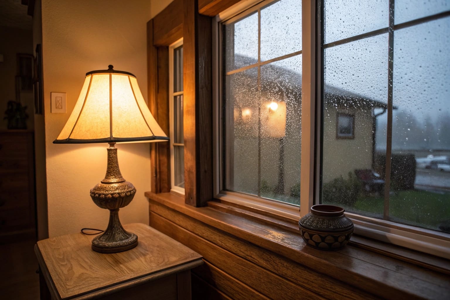 Warm evening interior: table lamp casting gentle amber glow on single‑pane window completely fogged