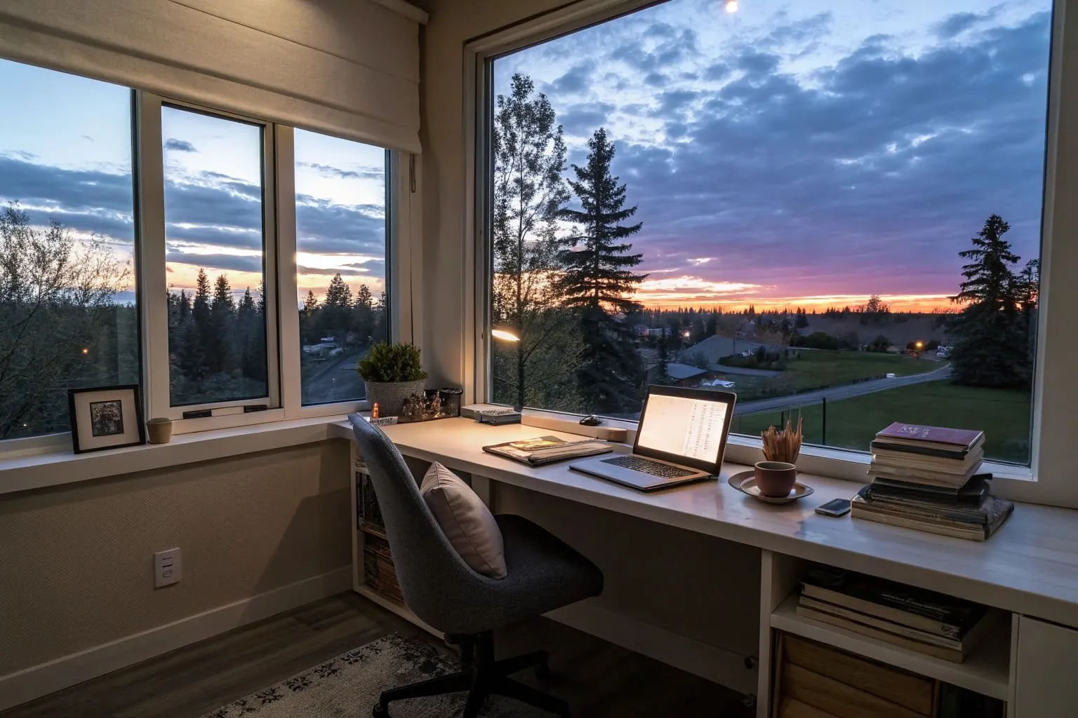 Home office corner at dusk