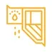 close‑up of welded window corner, raindrops deflecting off, shield icon overlay
