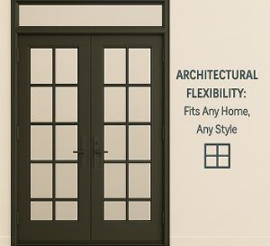Elegant black French doors with transom window, offering architectural flexibility for any home style