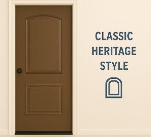 Installed brown fiberglass entry door in classic heritage style with arched panel