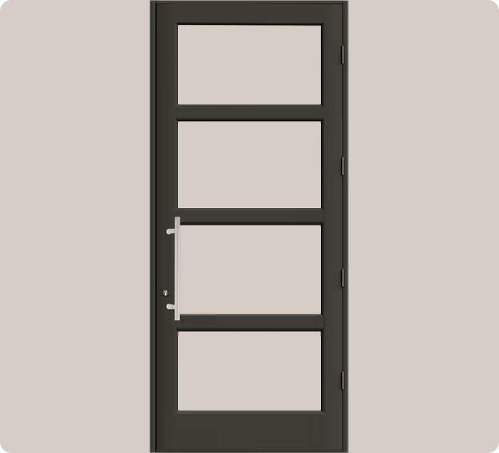 Modern black door featuring four glass panels and side handle, bold geometric style