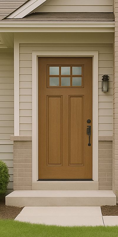 Installed sleek contemporary fiberglass entry door with full glass panel