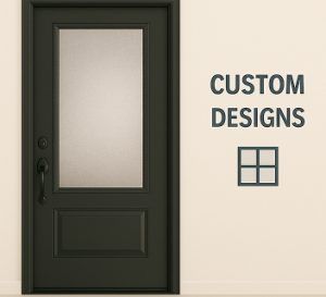 Installed custom fiberglass entry door with single frosted glass panel and raised lower panel