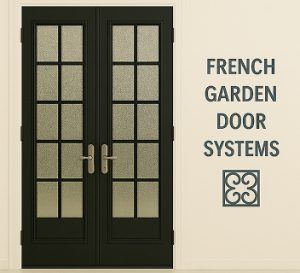 Installed black French garden doors with divided glass panes and dual handles