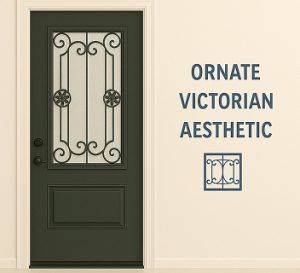 Installed ornate Victorian fiberglass entry door with wrought iron and frosted glass