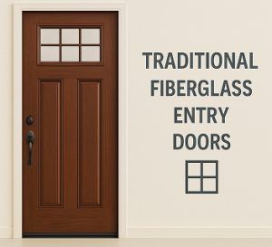 nstalled rustic fiberglass entry door with woodgrain finish and arched panel
