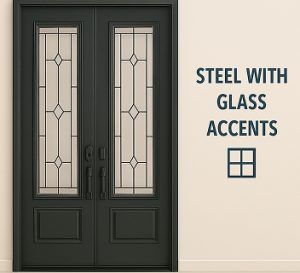 Installed black steel double entry door with decorative vertical glass inserts