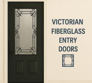 Installed traditional fiberglass entry door with glass panes on a suburban home exterior