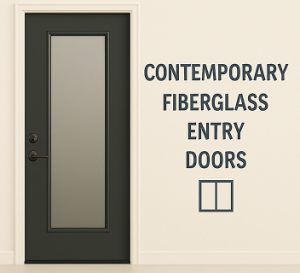 Installed traditional fiberglass entry door with six-pane glass window and vertical panels
