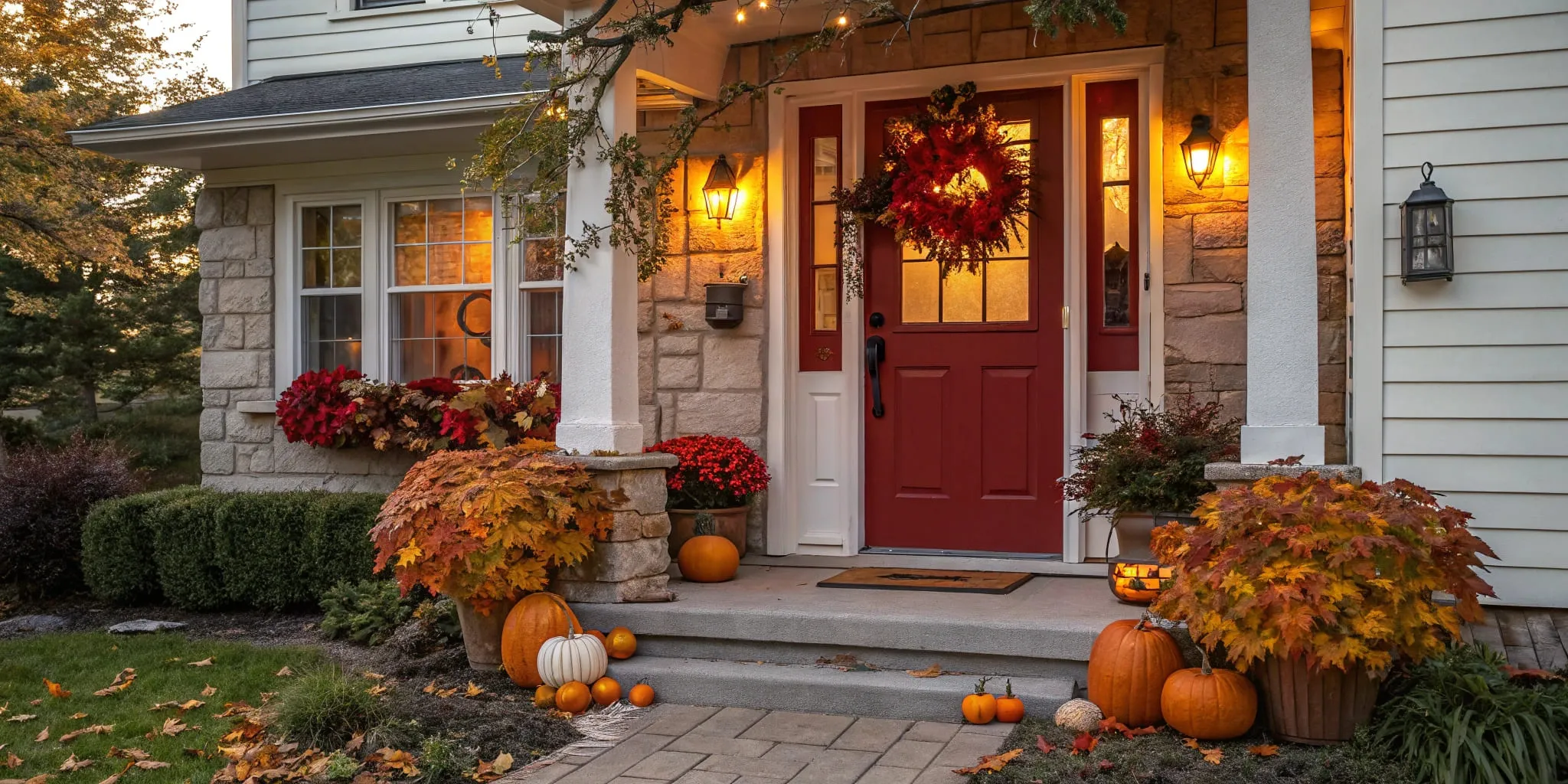 Red front door beautifully decorated for fall season with pumpkins and autumn wreaths, showing how red doors enhance seasonal home decorating
