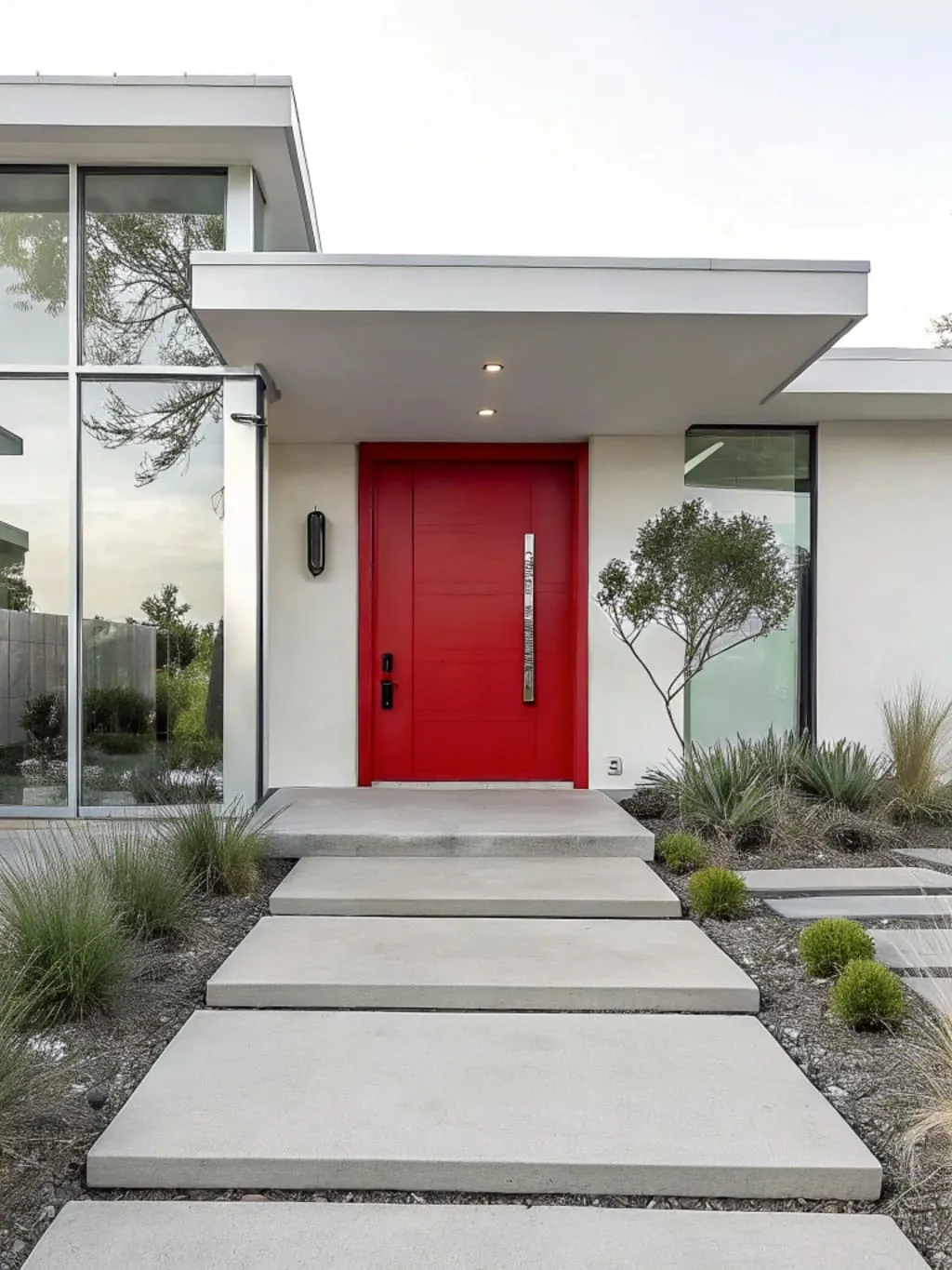 Modern Calgary home featuring bold fire-engine red door with contemporary architecture, demonstrating how bright red works with minimalist design elements