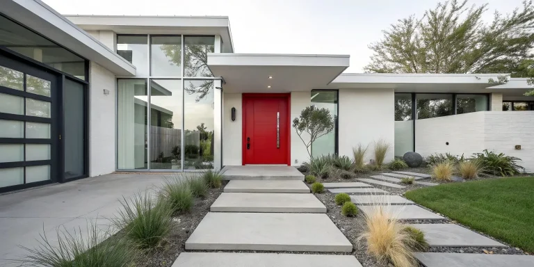 Modern Calgary home featuring bold fire-engine red door with contemporary architecture, demonstrating how bright red works with minimalist design elements