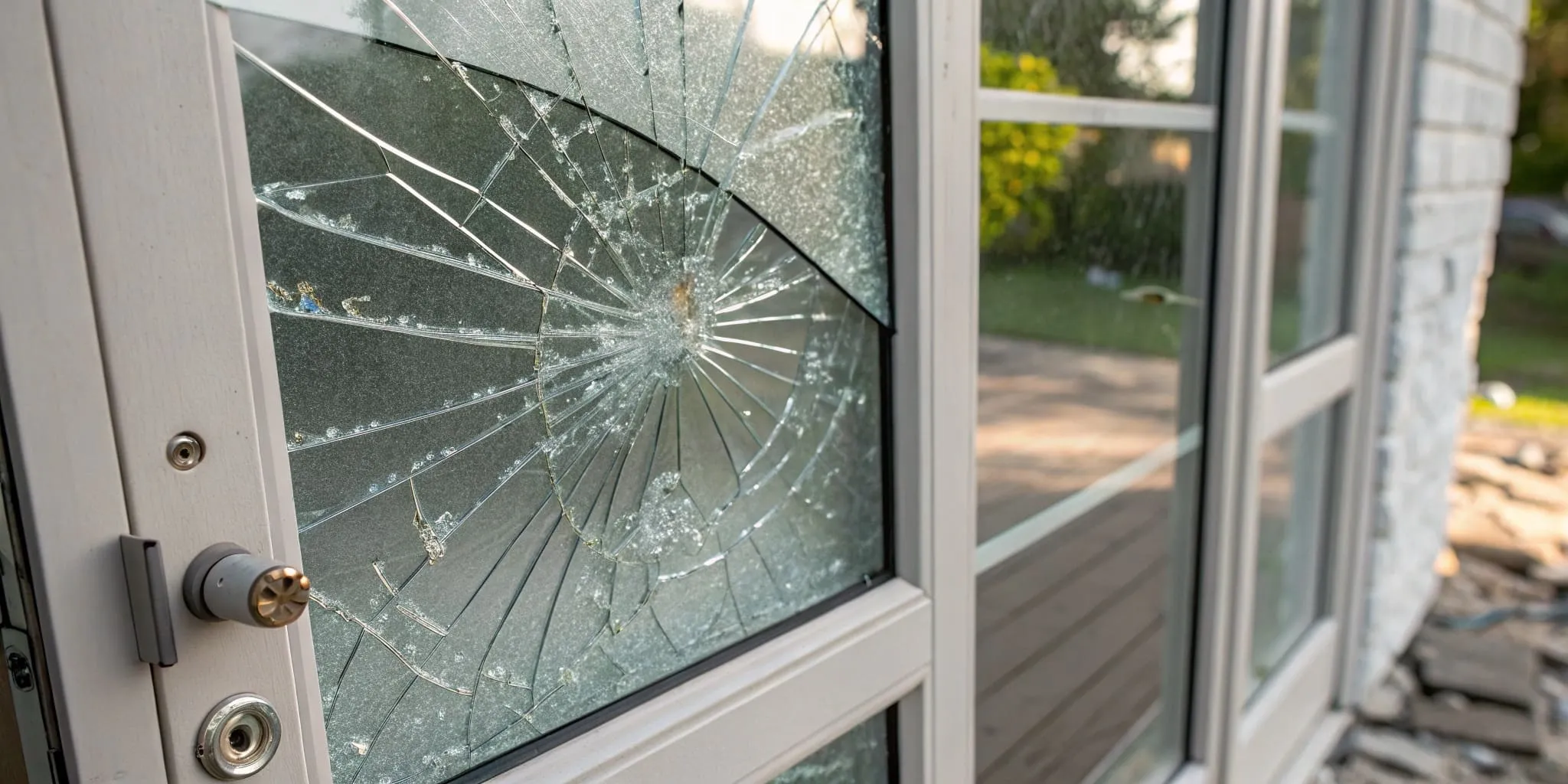 Hail-damaged storm door glass showing typical damage excluded from warranty coverage