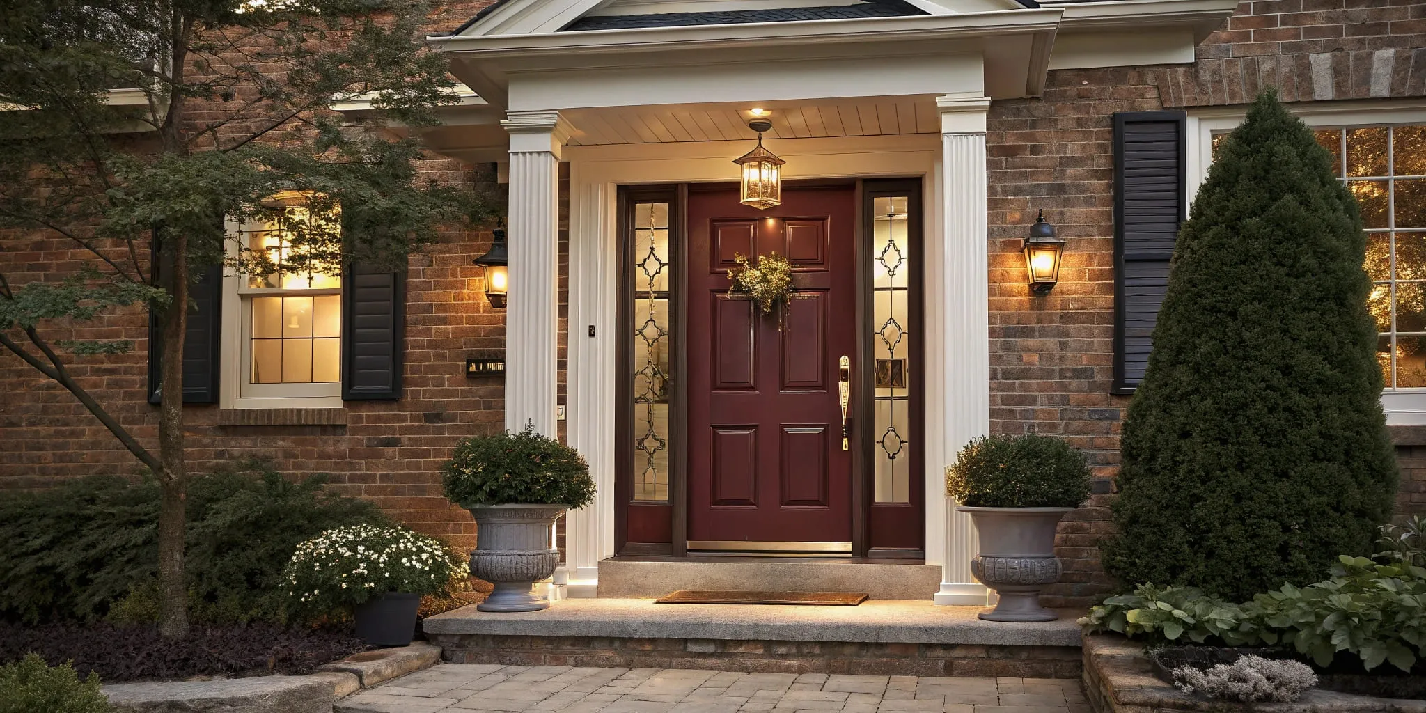 Traditional brick home with deep burgundy front door and brass hardware, demonstrating how darker red shades complement classic architecture styles