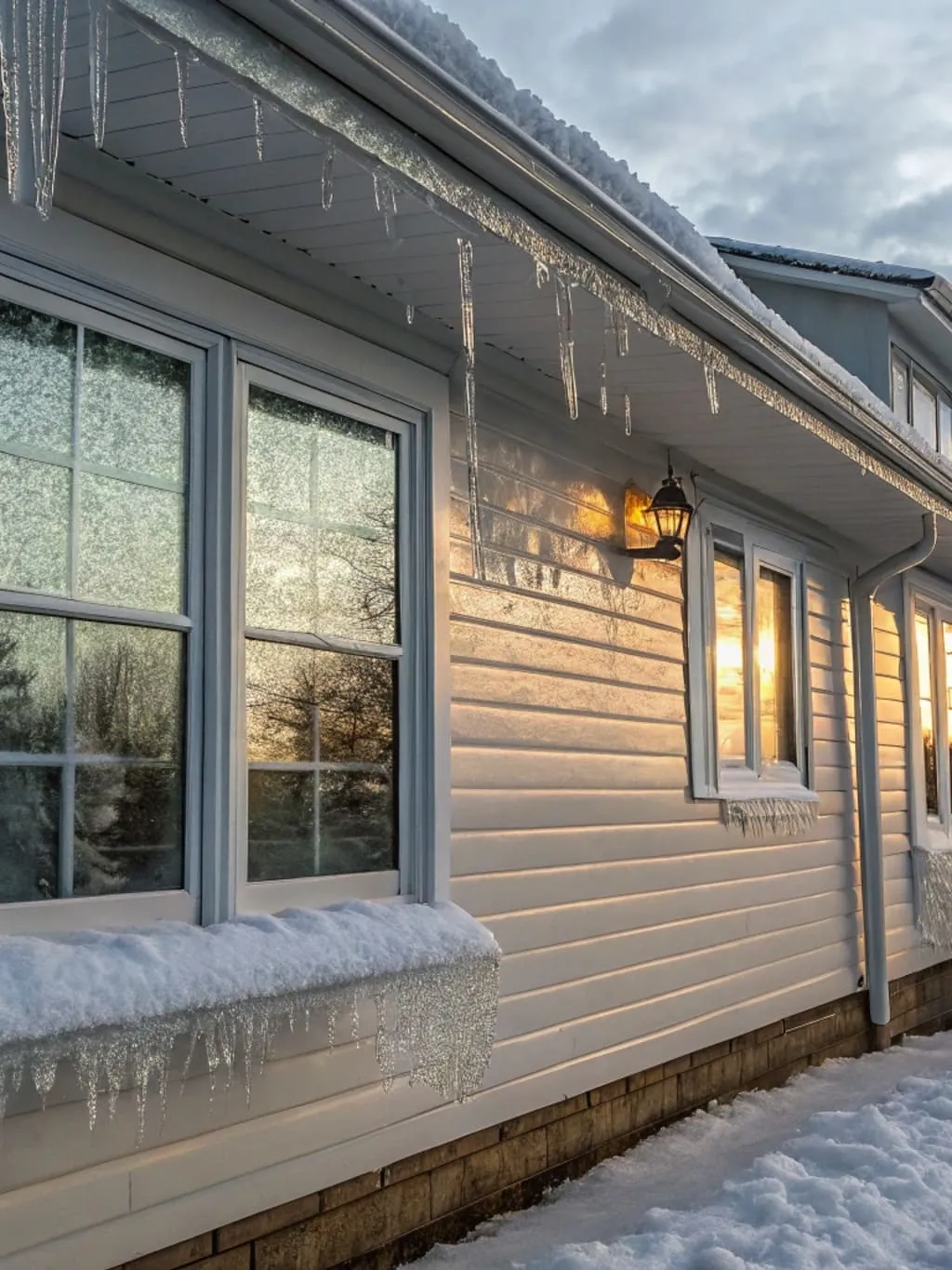 House windows showing winter weather effects with frost and ice buildup