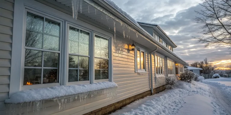 House windows showing winter weather effects with frost and ice buildup