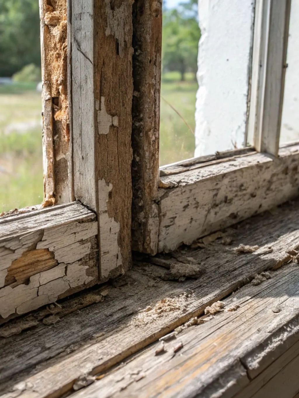 Damaged window frame showing signs of rot and structural deterioration